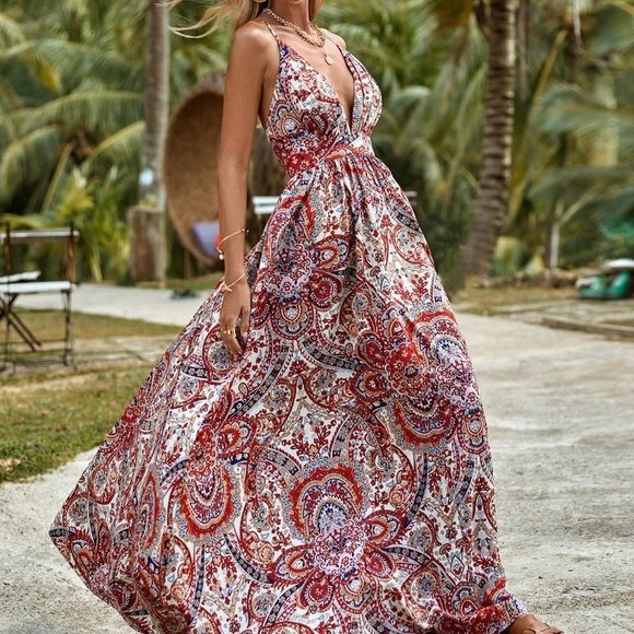 Multicolor Boho Womens Paisley Print Criss Cross Backless Cami Dress - Picture 6 of 7